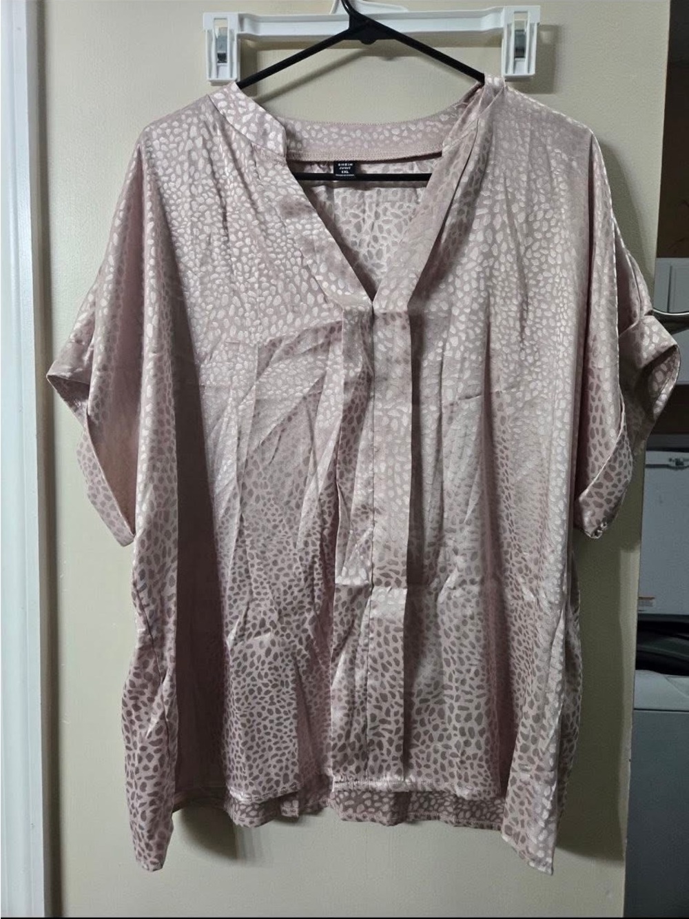 Women’s Blush Pink Satin Animal-Print V-Neck Blouse